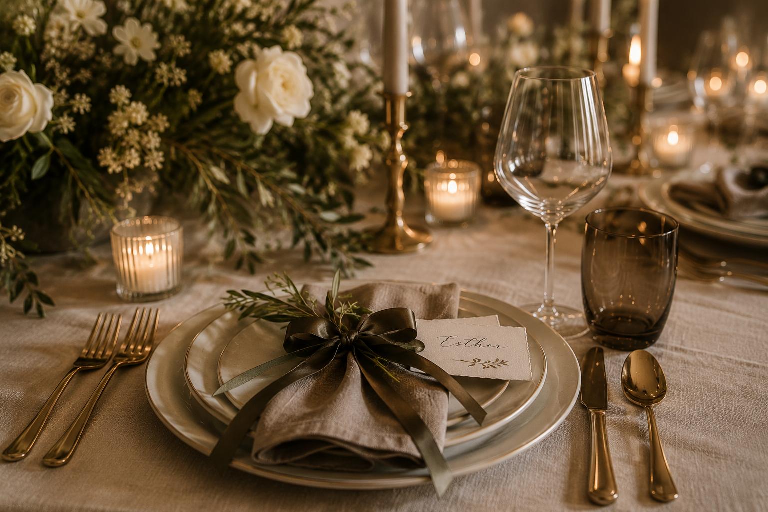 A signature Tied with a Bow tablescape styled by Esther and Sara, layered with linens, florals, and candlelight