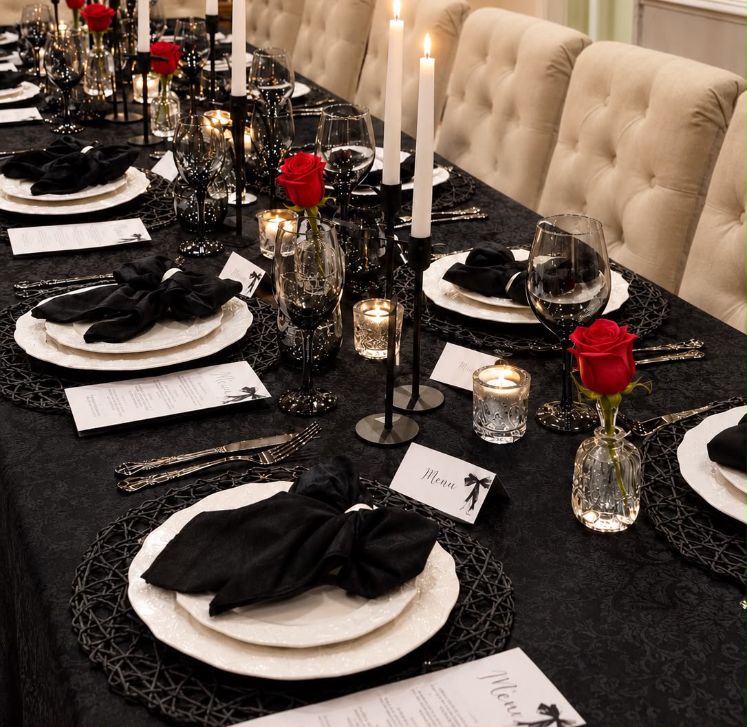 A styled Tied with a Bow tablescape with layered linens, florals, and considered place settings