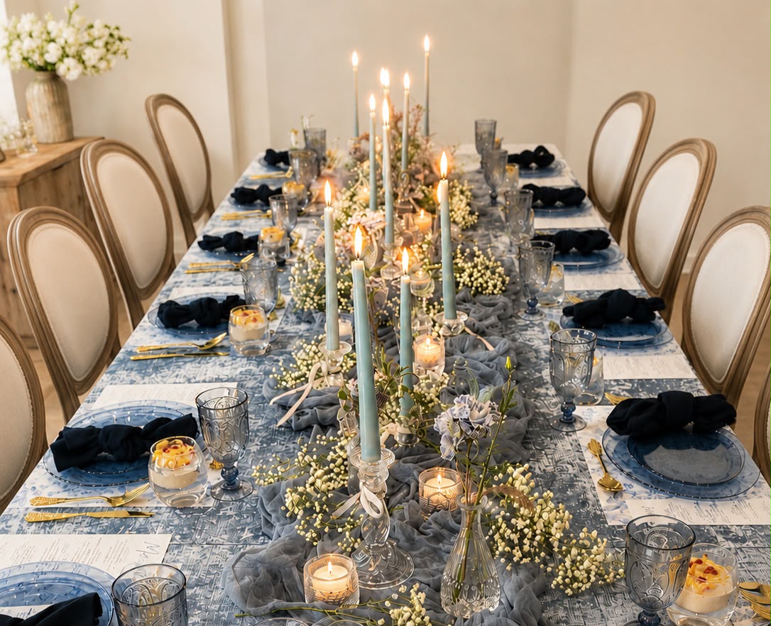 A curated tablescape by Tied with a Bow with soft florals, candlelight, and warm neutral linens