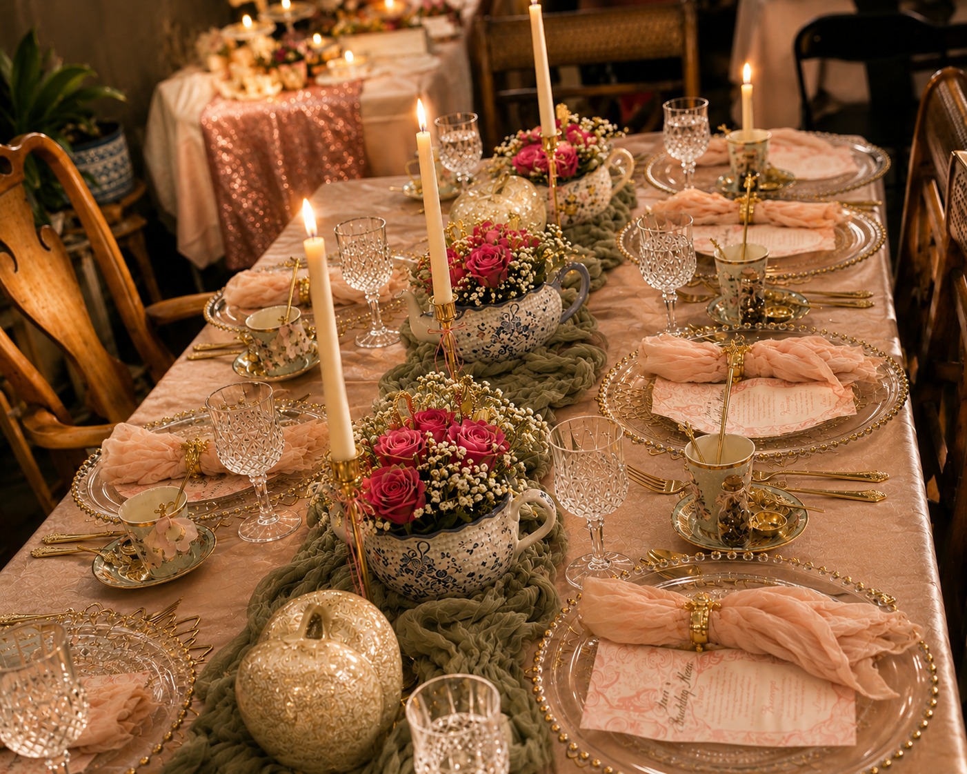 An intimate Tied with a Bow table setting with fresh florals, textured runner, and elegant tableware