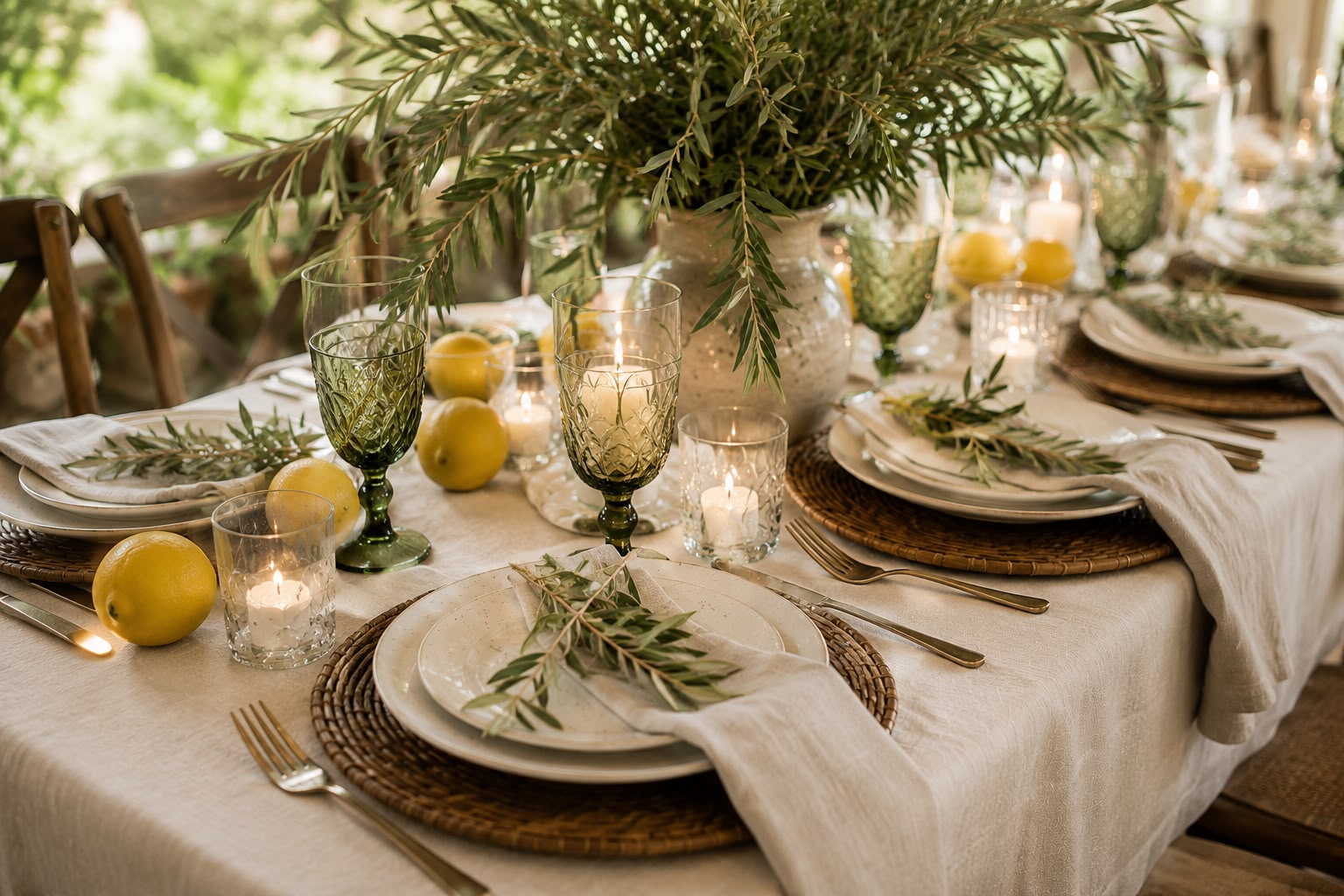 A warm, elegant Tied with a Bow dinner tablescape with florals, candles, and layered place settings