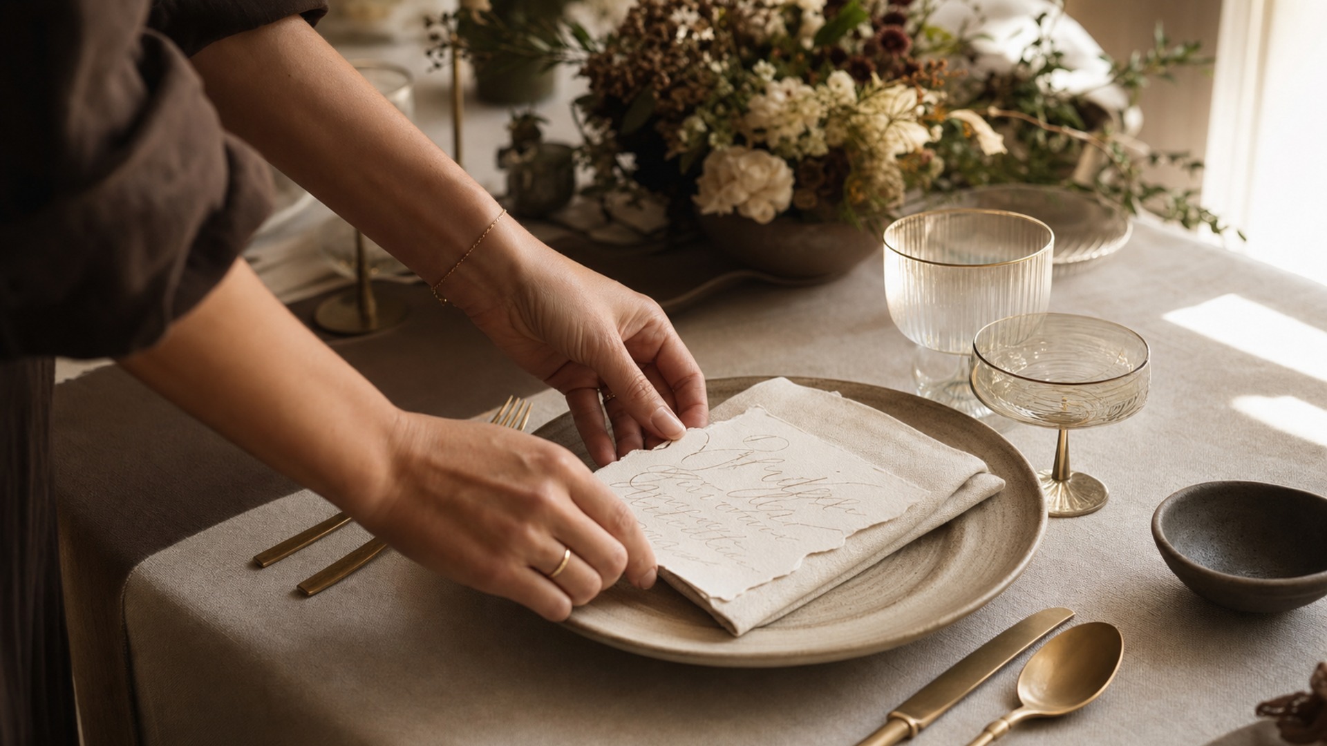 Hands gently placing a hand-lettered place card onto a linen-draped table
