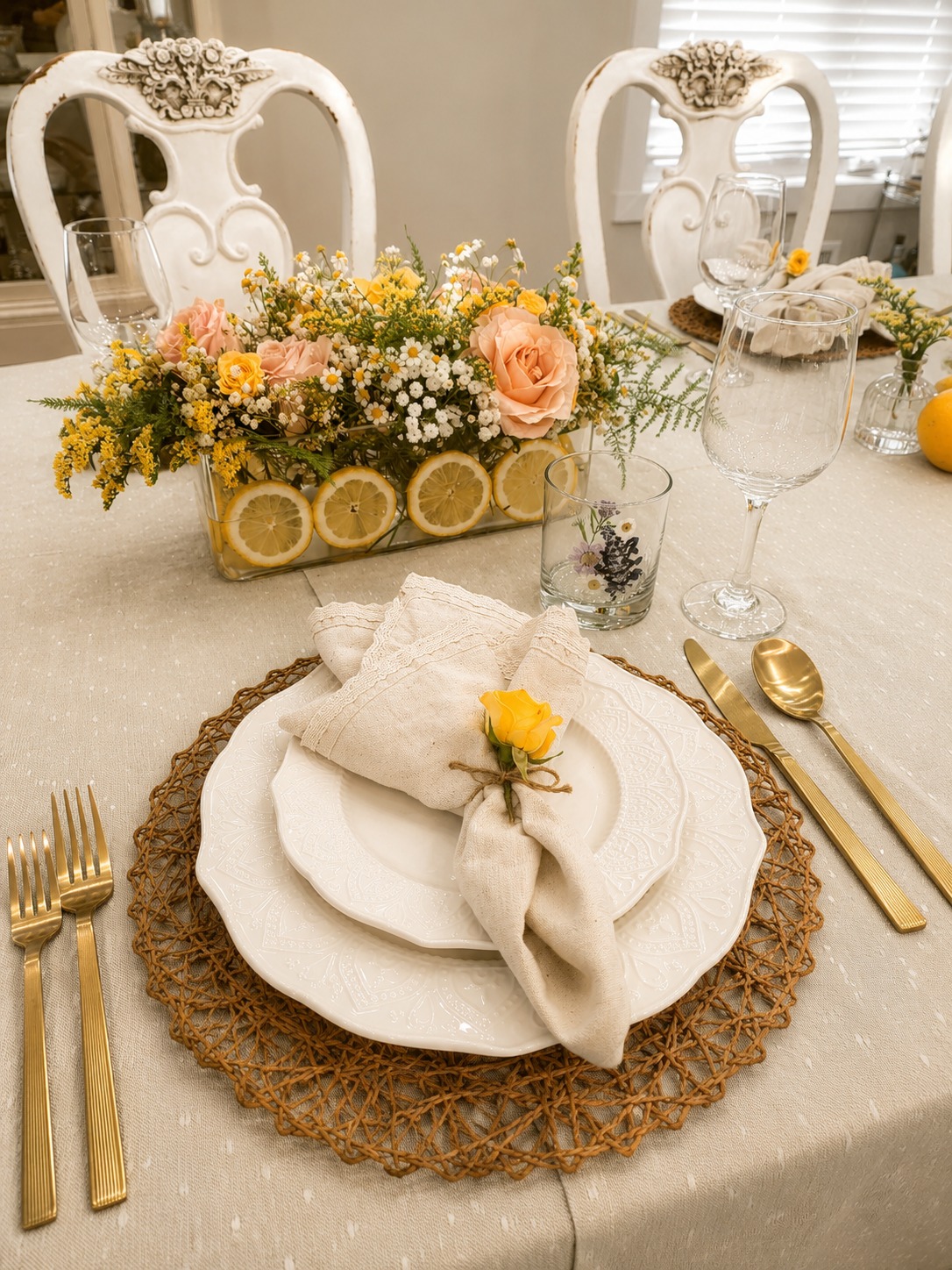 White place setting with a linen napkin, yellow rose, and lemon-slice floral centerpiece